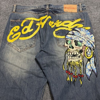 Ed Hardy Jeans Mens 40x33 Blue Embroidered Pirate Skull Graphic