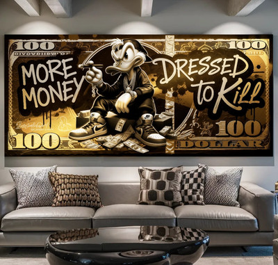 LEINWAND BILD ER BIS 200x85x5 DONALD-DUCK MONEY POP-ART WANDBILD LUXUS LOFT GOLD