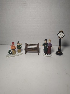 Lemax Vintage Christmas Village Assorted Pieces, Lot of 4 (Clock, bench, people)