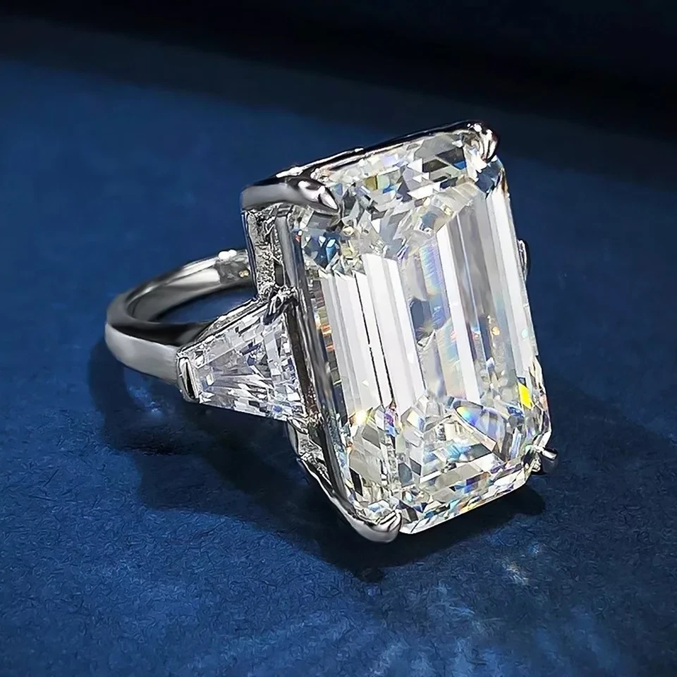 RARE 16.50 Ct Emerald Cut Off White Treated Diamond 925 Silver Ring Great Shine - Image 3 of 4