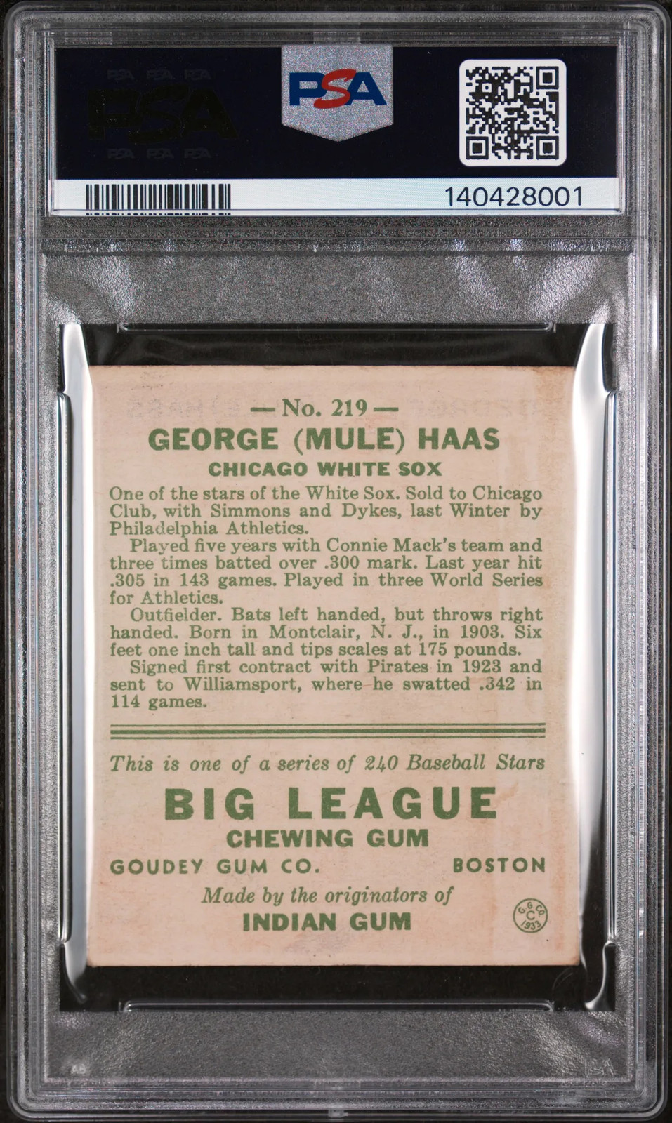 1933 Goudey Mule Haas #219 PSA 6 view 2
