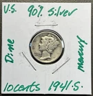 1941 S - 10C Mercury Dime / 90% Silver Coin.