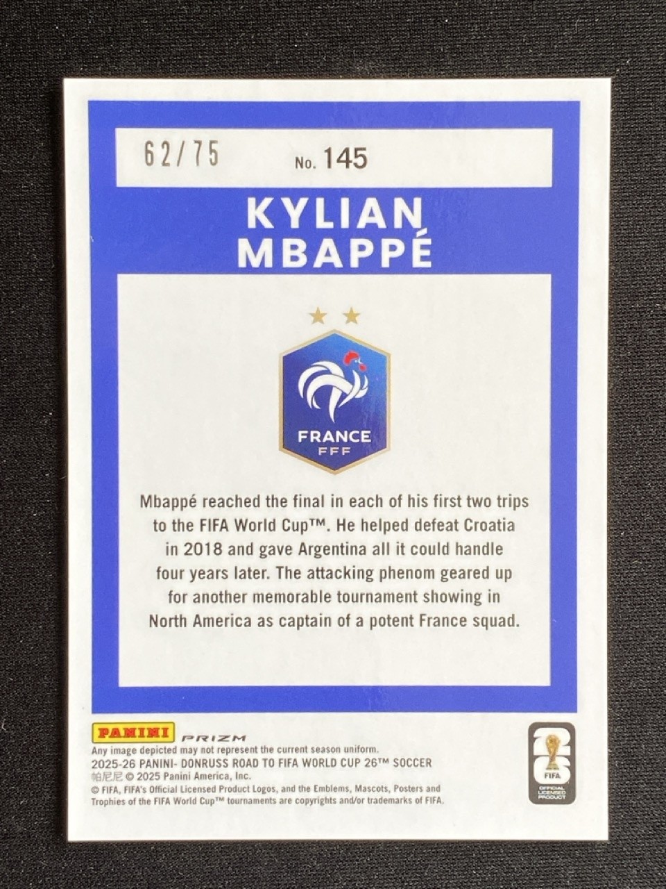 Kylian Mbappe 2025-26 Donruss Road to FIFA World Cup Optic Electricity /75 #145 view 2