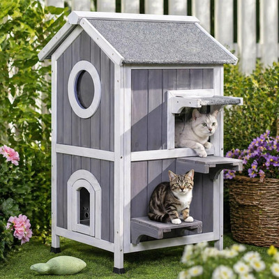 Outdoor Cat House Weatherproof, Wooden Two-Story Feral Cat Shelter with Openable