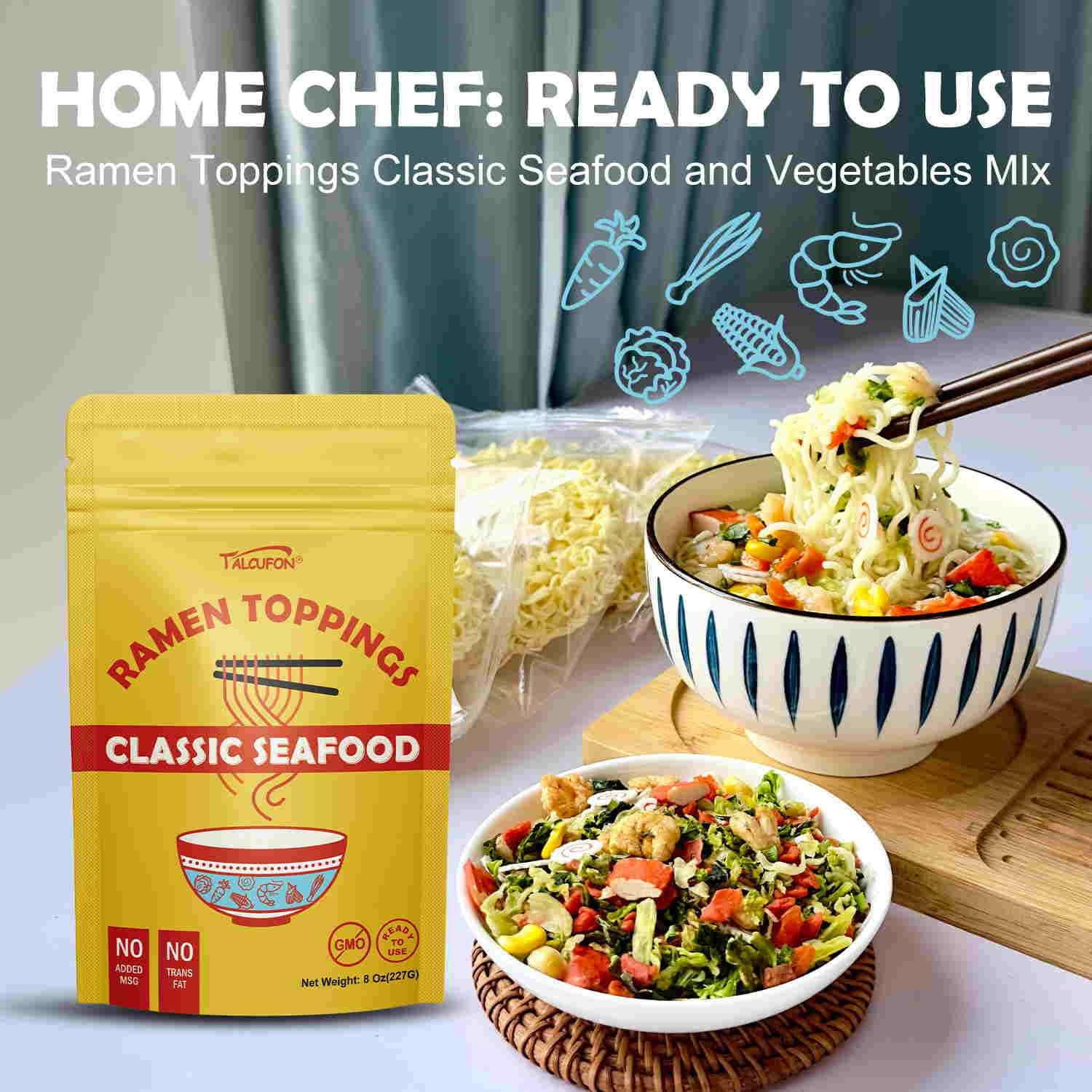 Ramen Toppings 8 Oz, Classic Seafood and Vegetables Mix Premium Seafood and Sun-