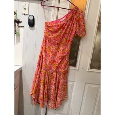 ASTR The Label One Shoulder Floral Midi Dress Pink Orange Ruffle High Low Slit M