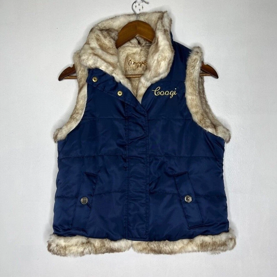 Coogi Women's M Faux Fur Lined Vest Navy Blue Puffer Winter Style NEW - Image 2 of 4