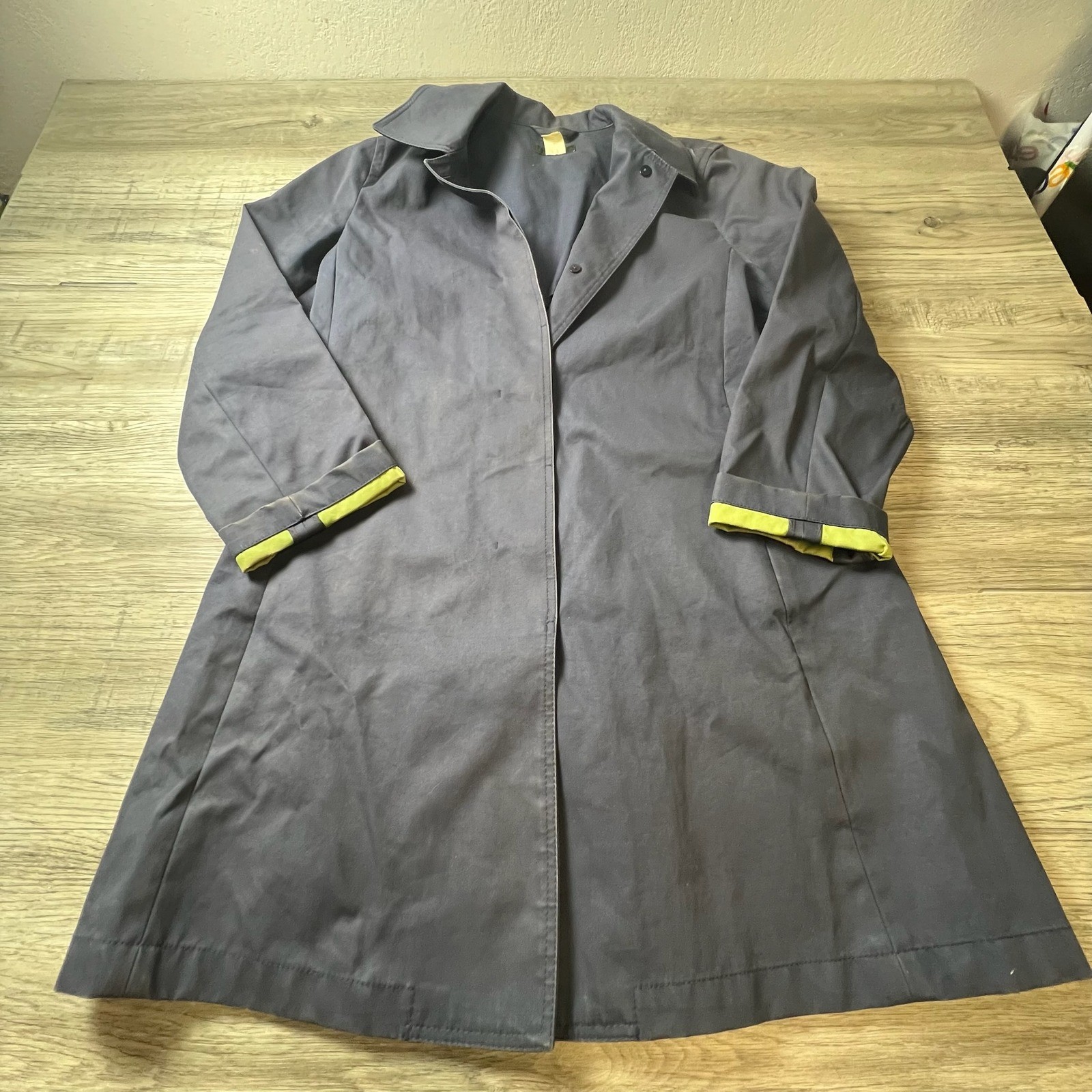 J. Crew Trench Coat Womens L Navy Blue Lime Green Contrast Cotton N60