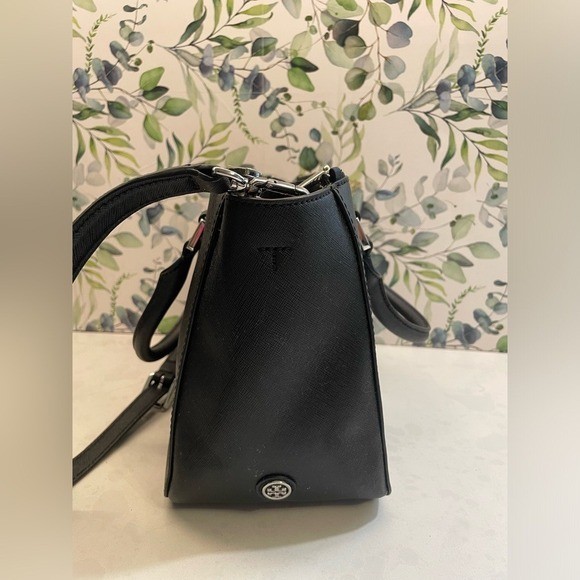 Tory Burch Robinson Floral Tote Shoulder Crossbody Handbag Black Blue Leather thumbnail 6