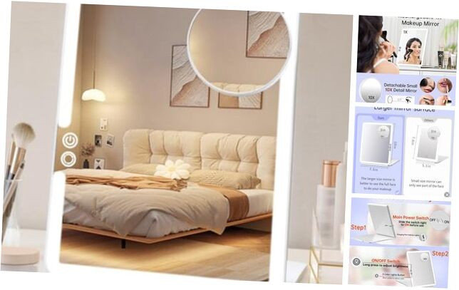 Espejo de Maquillaje de Viaje Grande Recargable 1800mAh con Luces, 10x7.5 Portátil