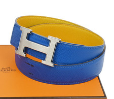HERMES H Logo Constance Reversible Buckle Belt Leather 80 SHW Blue YW 82KC662