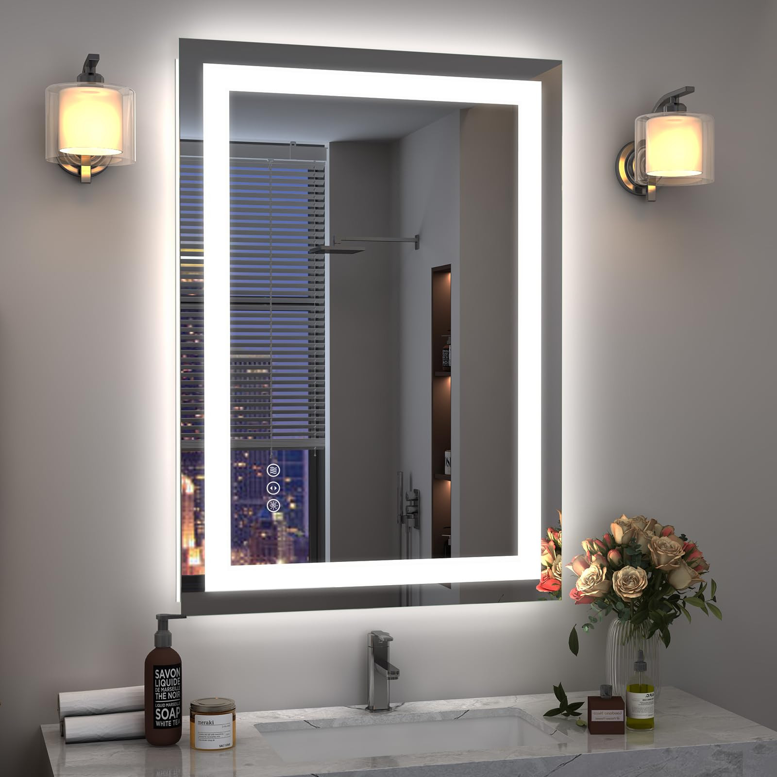 24x36 Inch LED Bathroom Mirror with Dimmable Lights and Anti-Fog