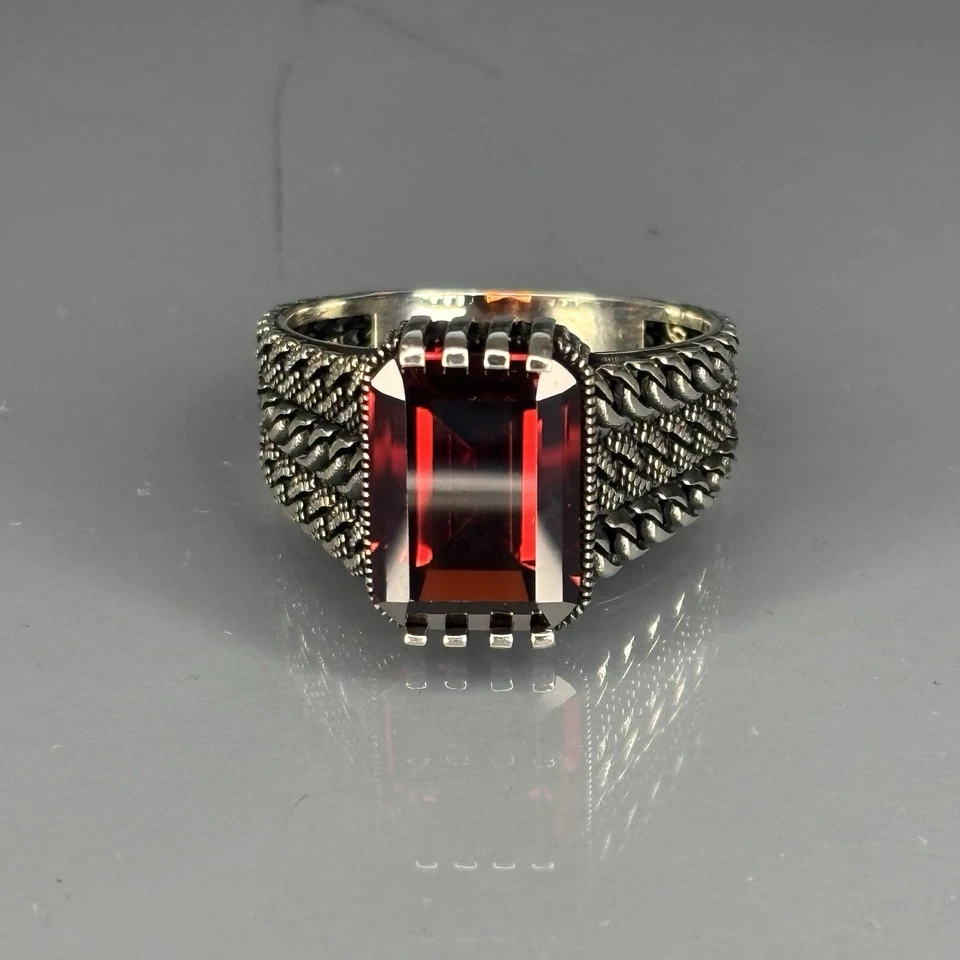 Handmade 925 Sterling Silver Ruby Men's Ring - Chain Turkish Design,Red Stone - Image 4 of 4