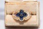 Vintage Circa 1980s 18k Gold Natural Diamond Cabochon Cut Sapphire Ring