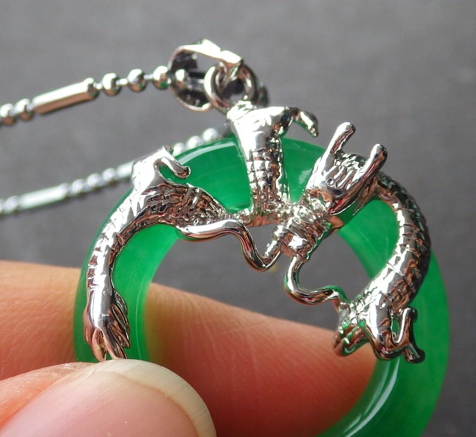 Белое золото пластина китайский зеленый нефрит подвеска круг дракон с цепочкой 252551 - Изображение 4 из 4