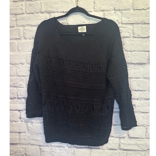St John's Bay Knit Sweater Open Weave 3/4 Sleeve Black Pullover Large