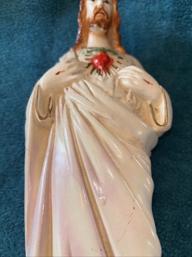 Vintage Chalkware Chalkware Statue Sacred Heart of Jesus Christianity 12.5” #FF - Picture 3 of 22