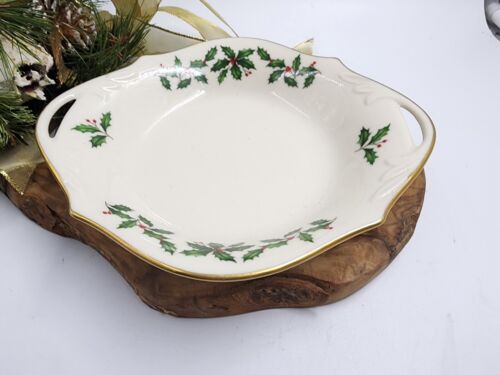 Vintage LENOX Porcelain Holly Oval Handled 6" Dish Gold Trim USA
