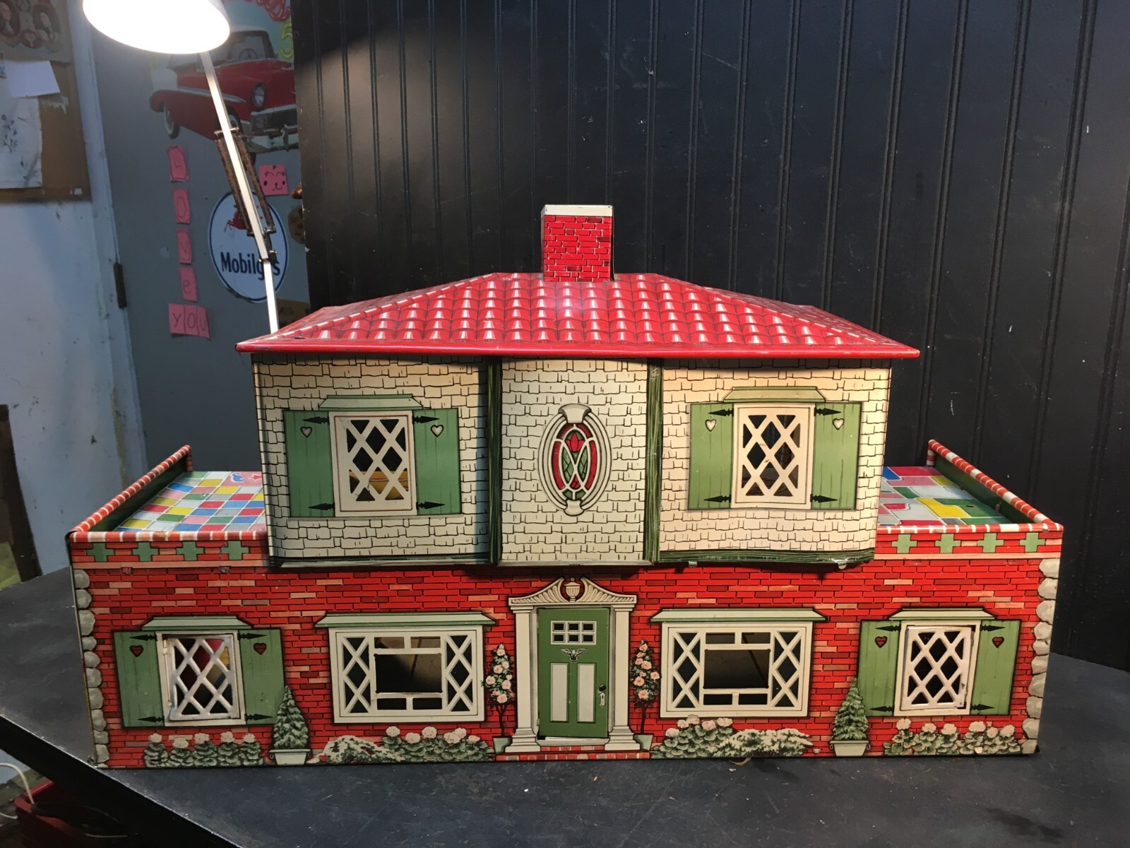 Vintage Metal Doll House 6 Room Tin Litho Mid Century 2 Story 1940s