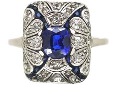 1910s Edwardian Art Deco Blue Sapphire Old Mine Cut CZ Classic Art Deco Ring