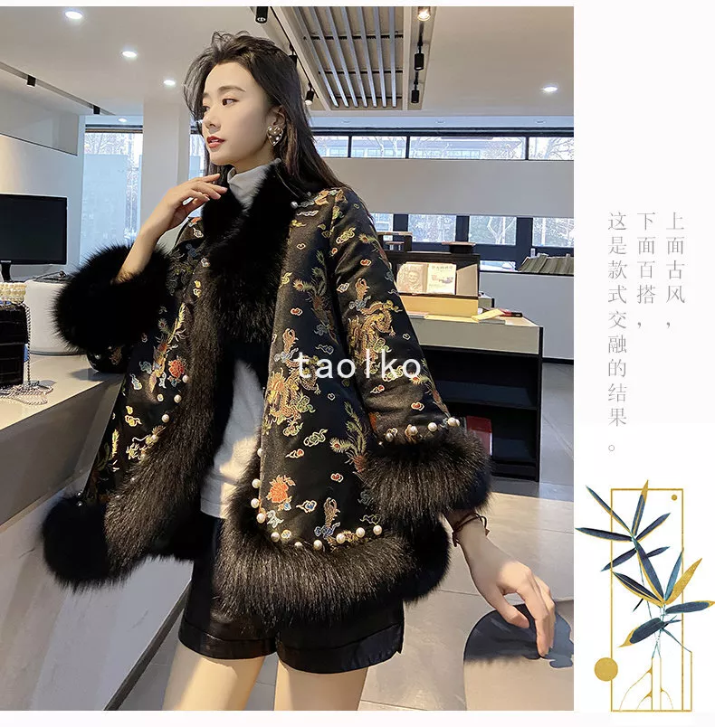 Chinese Style Women Faux Fur Collar Coat Embroidery Cotton Padded Cloak  Overcoat