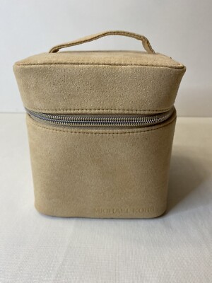 MICHAEL KORS Beige Faux Suede Square Cube Cosmetic Case