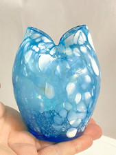 Turquoise And White Hand Blown Pinched Vase 4"