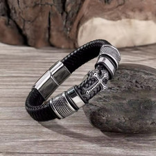Men Cross Christian Braided Leather Bracelet Stainless Steel Magnet Clasp Bangle