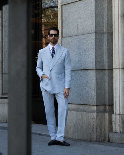 Men Light Blue Suit Peak Lapel Jacket Double Breasted Wedding Party Business - Picture 9 of 27