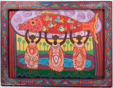 Stunning Black Folk Art Oil Painting Figures with Fish, Colorful, Signed & Fine!