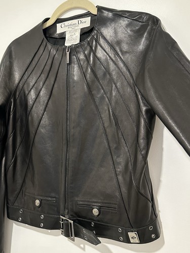 Rare Vintage Christian Dior Black Leather Biker Belted Moto Jacket Size 40 US 8 - Picture 5 of 18