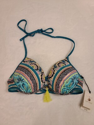 NWT SHADE & SHORE Turquoise & Multicolored Colorful Bikini Top W/Tassel; Sz 34B