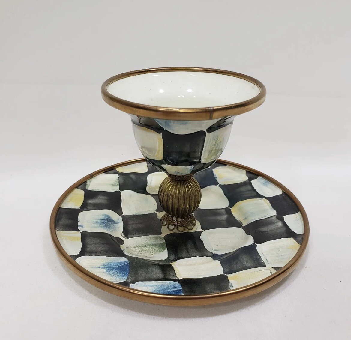 Vintage Camp MacKenzie Childs Egg Cup Stand Black & White Enamel Check