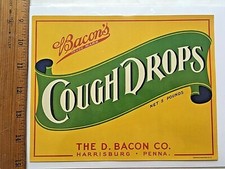 1920's Bacon's Cough Drops Crate Label. 6 1/4 x 8 inches. Harrisburg, Penna.