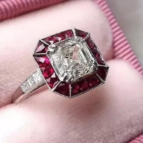 Art Deco Style Asscher Lab Created Diamond & Ruby 14K White Gold FN Wedding Ring
