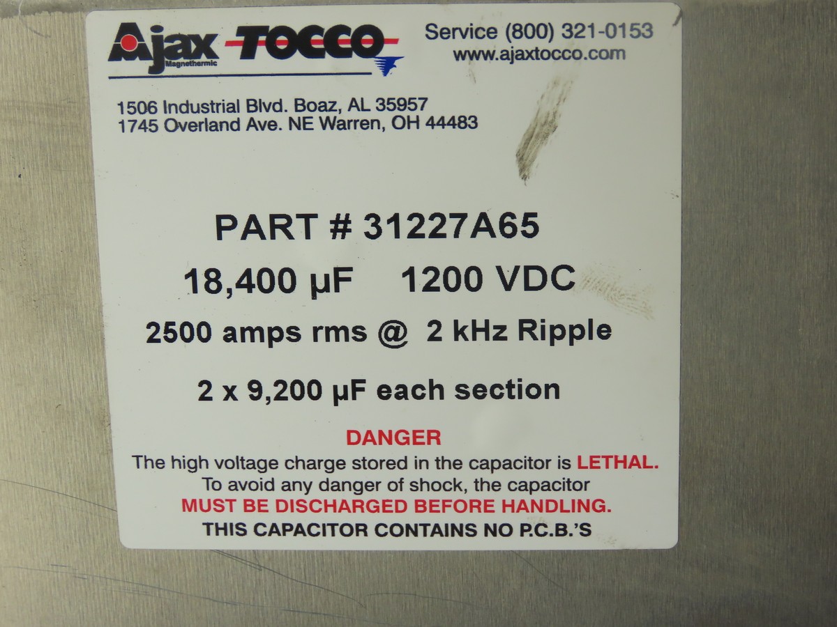 Ajax Tocco 31227A65 Capacitor 18400 UF 1200VDC 2500Amps Rms @2 kHz Ripple |  eBay