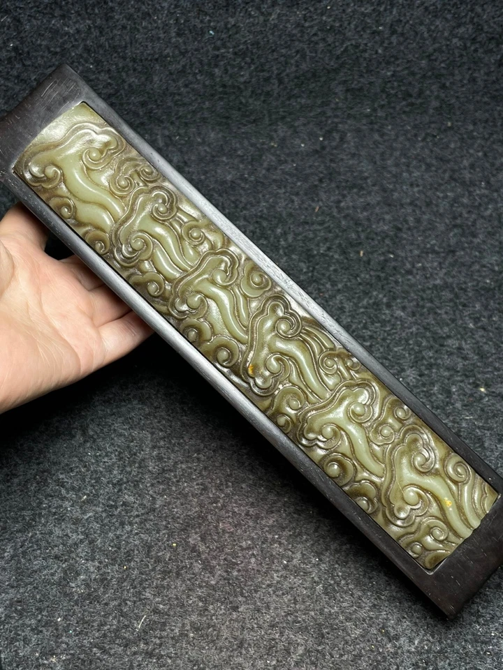 Black sandalwood inlaid carved jade stone ruler Foto 4 de 4