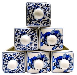 REPLACEMENT CERAMIC DRAWERS FOR SPICE APOTHECARY CHEST BLUE & WHITE FLORALS
