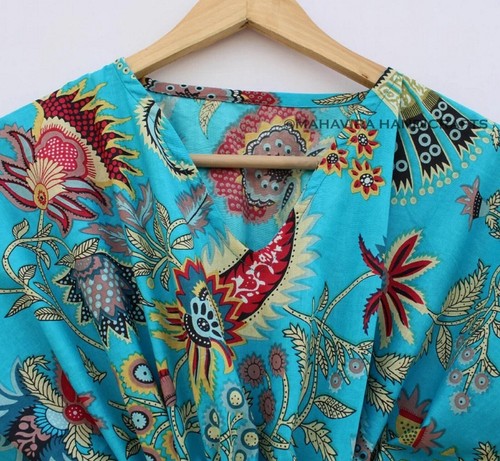 Indian Cotton Loose Short Sleeves Mukat Print Turquoise Free Size Caftan Maxi - Picture 4 of 6