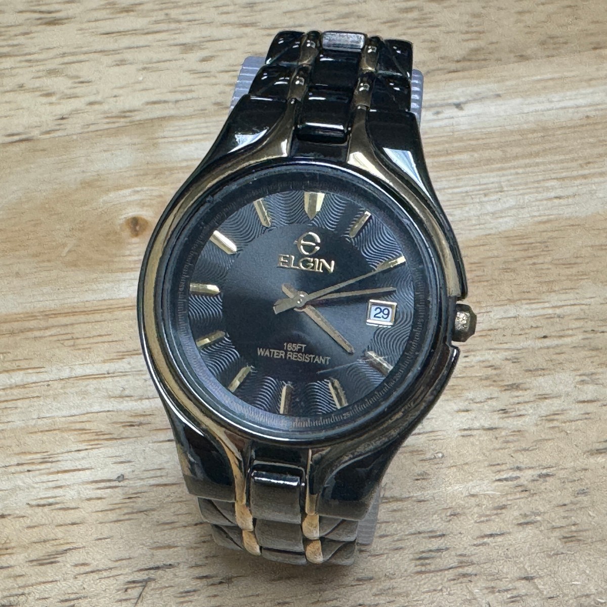 Elgin Quartz Watch Men 50m Gold Tone Black Japan Movt Date Analog