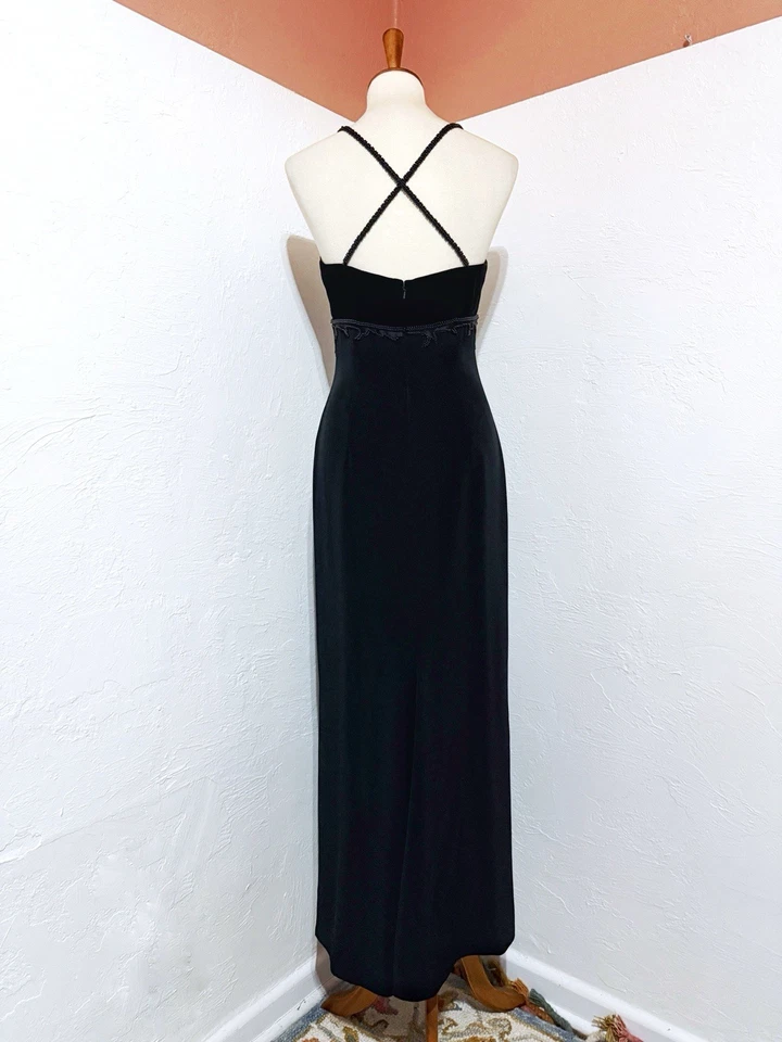 罕见复古 90 年代 Niteeline Della Roufogali 哥特礼服串珠黑色晚礼服 6 码 — 第 3/4 张图片