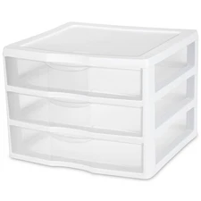 Sterilite Wide 3 Drawer Unit, Clear Plastic Countertop or Desktop Drawers, White