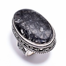 Natural Black Rutile Quartz Gemstone 925 Sterling Silver Handmade Ring 7.75 US
