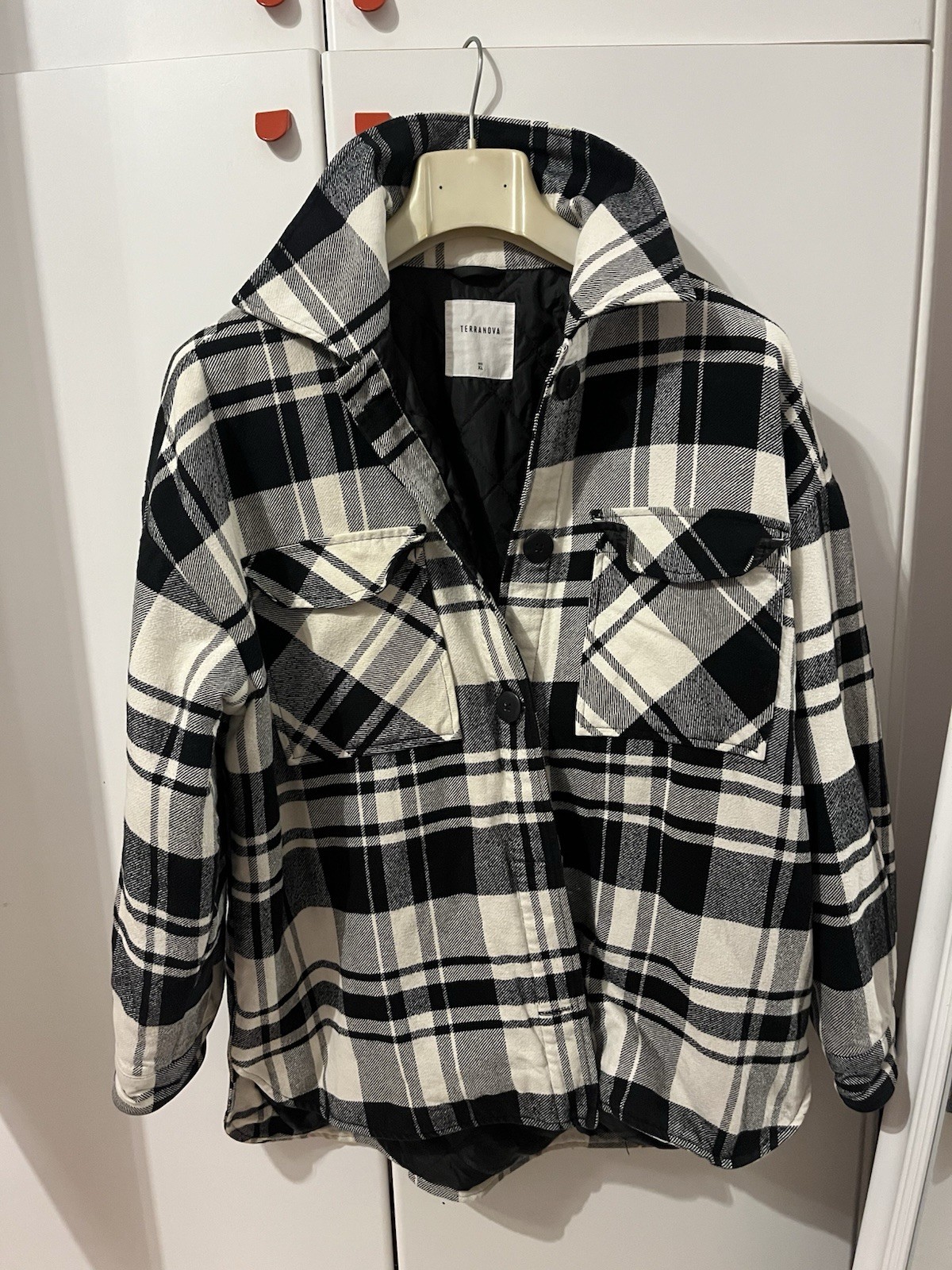 Terranova giacca camicia uomo XL imbottita a quadri bianco nero grigio bottoni
