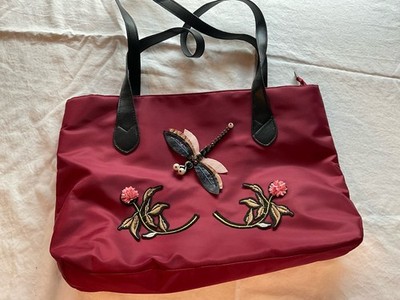 Burgundy Large Tote Bag Floral Dragonfly Applique Beaded Zip Top, Black Straps