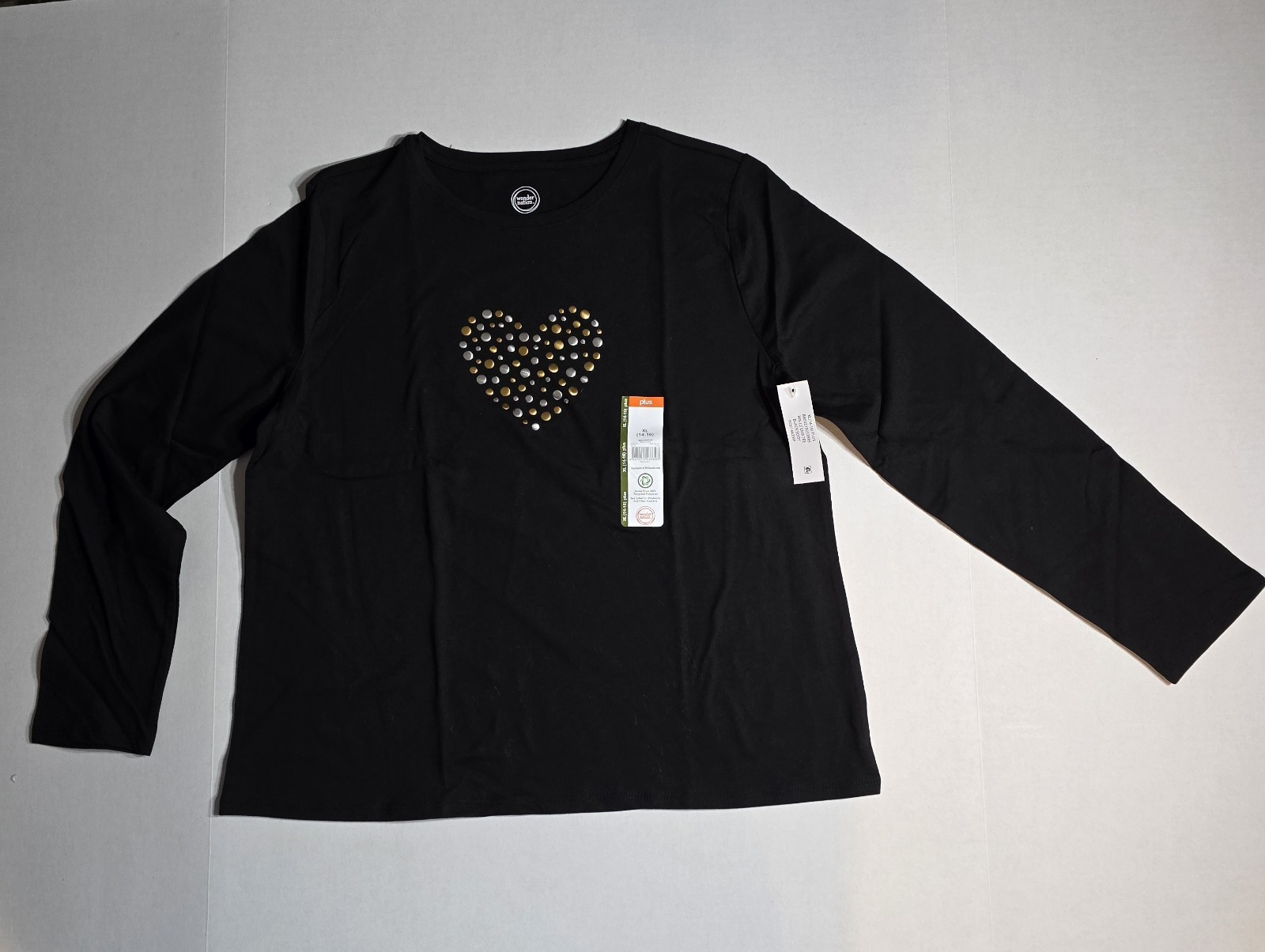 Wonder Nation Girls Long Sleeve T-Shirt, Black Size XL (14-16) Gold Silver Heart