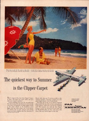 1957 Pan American Clipper Carpet Print Ad Air Travel Beach Vacation Flight