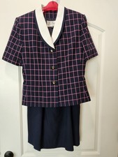 Vintage Le Suit Navy Pink Check Plaid Lined Short Sleeve Skirt Set Size 8