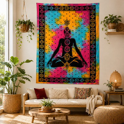 7 Chakra Wandteppich Wandbehang Boho Yoga Meditation Batik Baumwolle 210x140cm