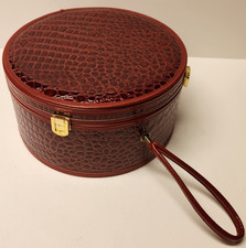 Vintage Nordstrom Croc Embossed Round Vanity Train Case Hat Box 9.5" Red